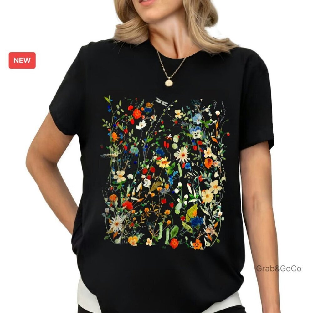 Vintage Boho Floral Graphic Tee Soft Cotton Blend Short Sleeve Top